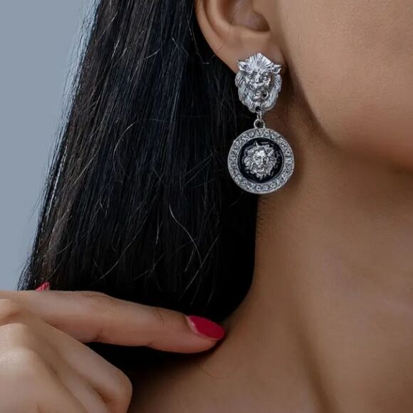 Silver & Black Lion Drop Earrings - Picture 1 of 3